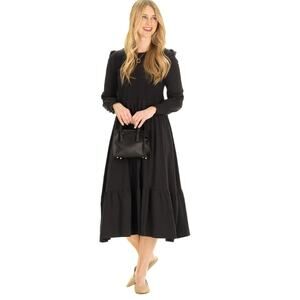 Duffield Lane Black Long Sleeve Midi Jane Dress Smocked Classic Polished XL